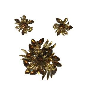 Vintage Brooch Clip Earrings SET Aurora Borealis Amber Colored Rhinestones